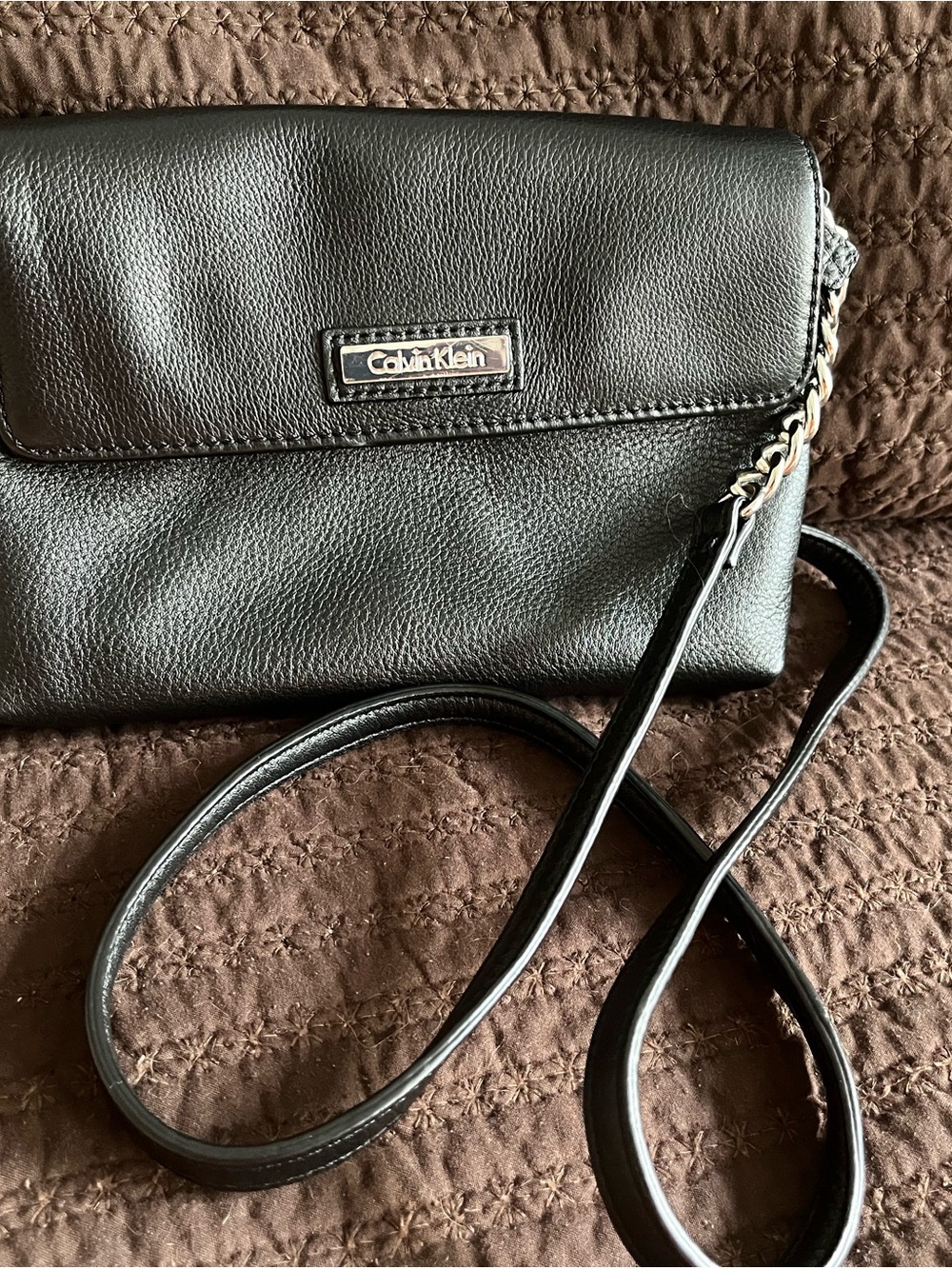 Calvin Klein Black Leather Crossbody with Chain-Accent Strap